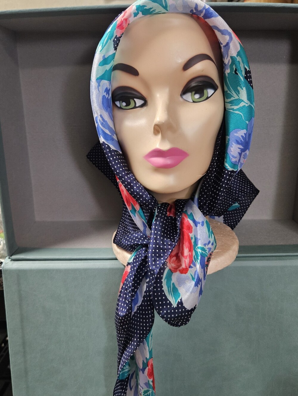 Vintage Oscar de la Renta Ass. Street Silk Scarf Navy Floral Polka Dot 31" Japan